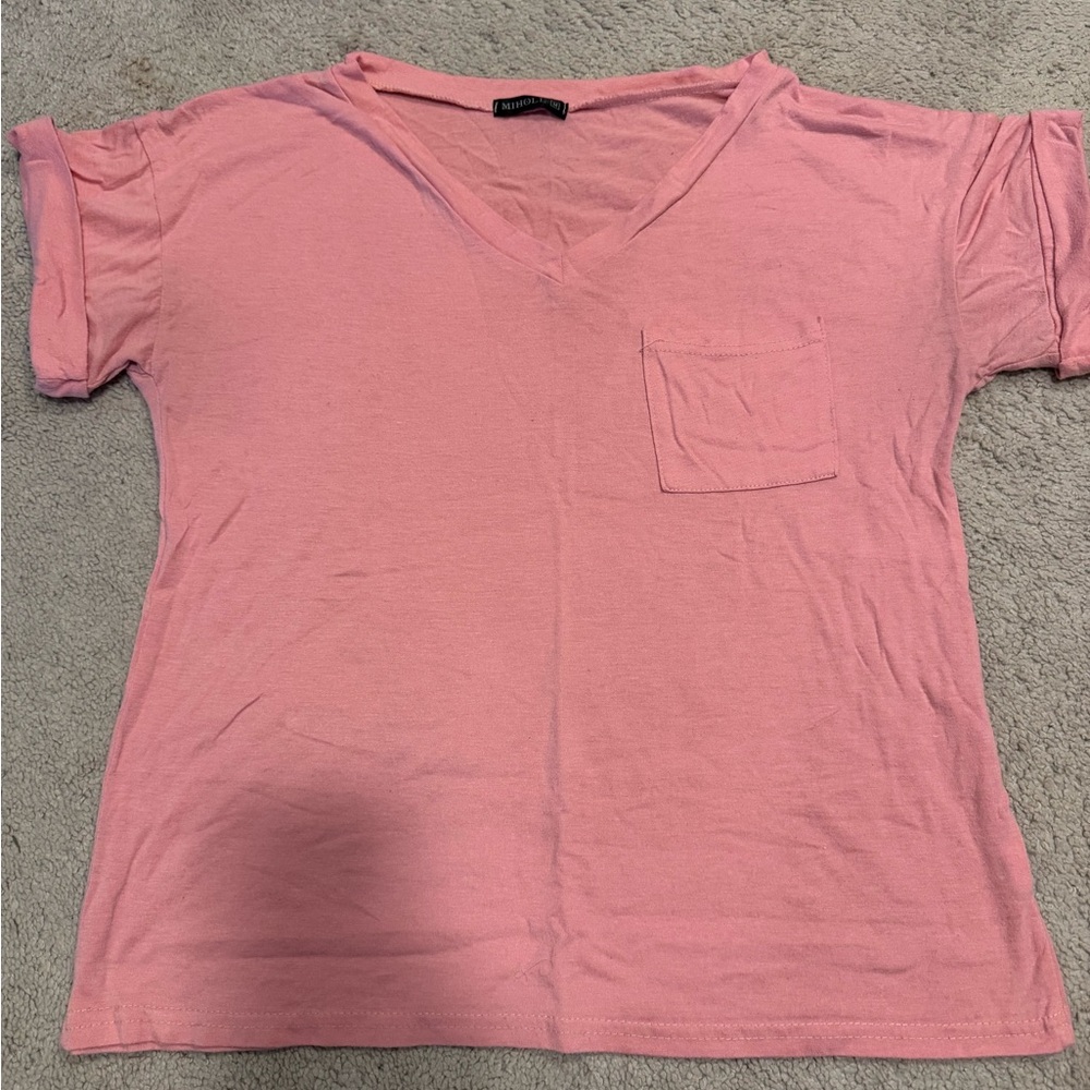 Casual Pink V-Neck Tee for Women